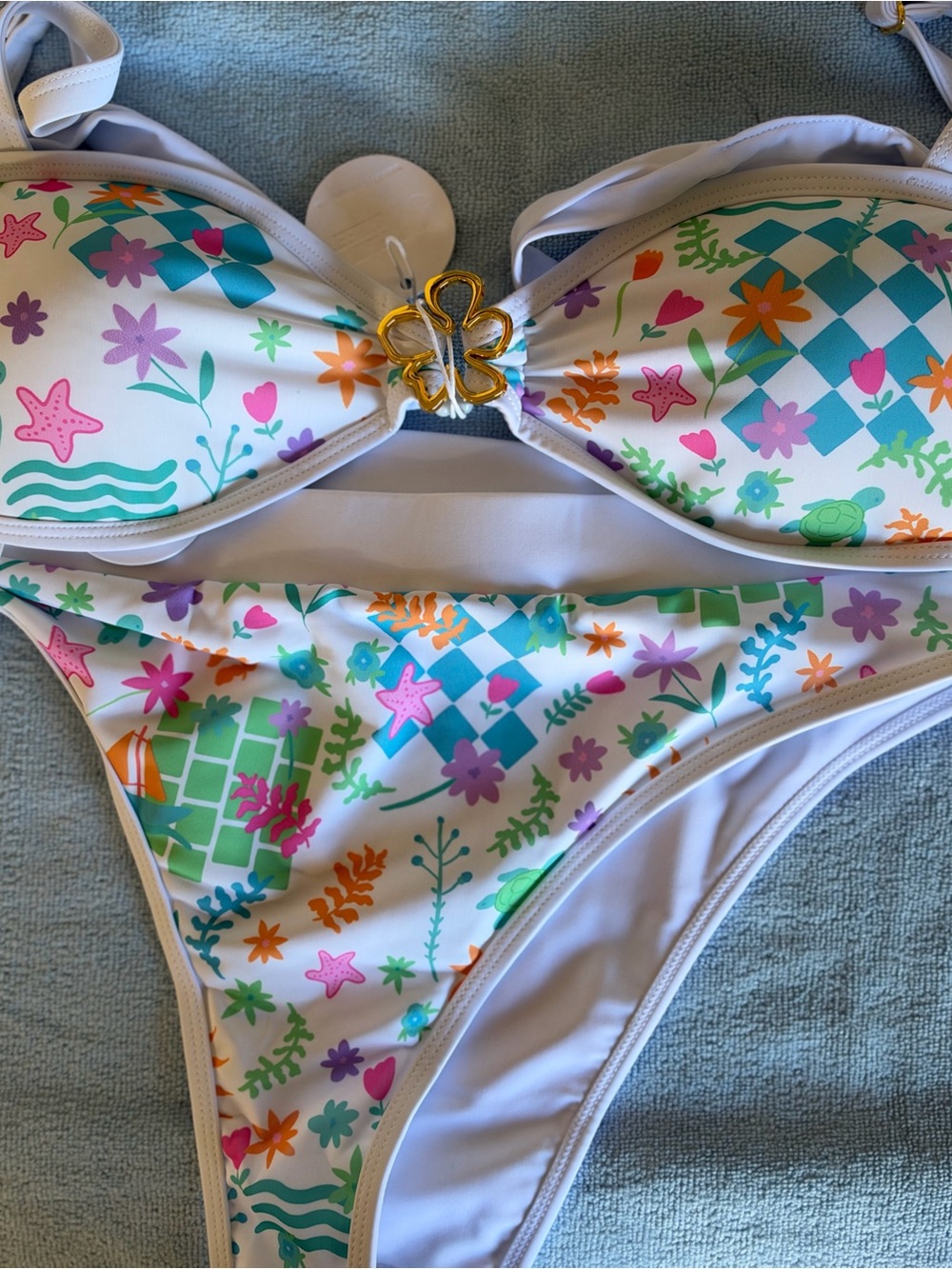 White Floral & Sea Print Bikini with Gold Clover Accent